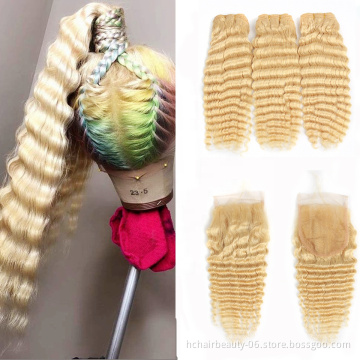 613 Honey Blonde Bundle With Closure Soft Full End Deep Wave Bundles With Closure Most Popular Products For Women